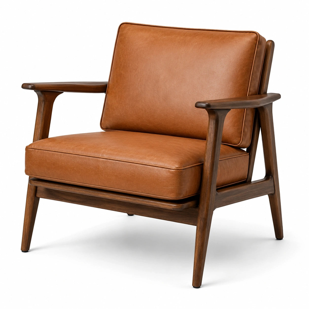 Poltrona con struttura in legno e rivestimento effetto pelle marrone cognac, 72 × 80 × 82 cm, stile retrò con braccioli