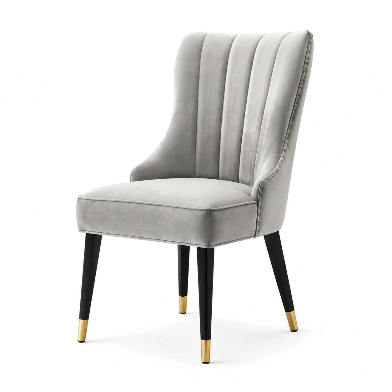 Sedia imbottita in velluto grigio con schienale alto scanalato, 60 × 65 × 95 cm