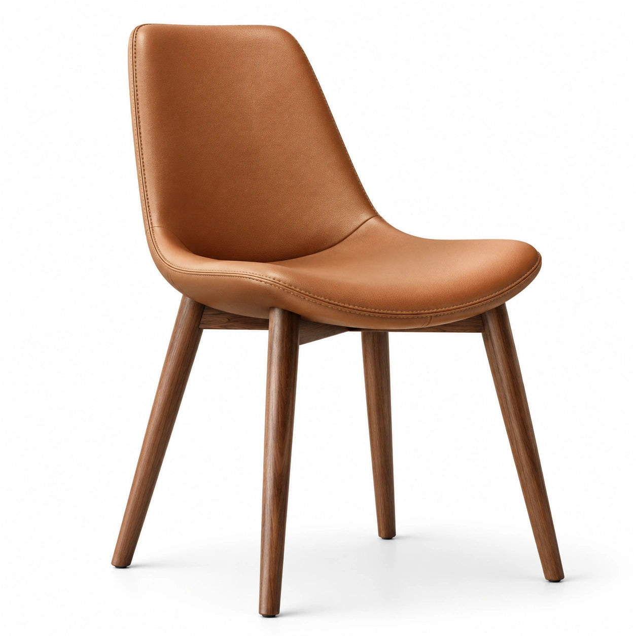 Sedia moderna imbottita in similpelle cognac con gambe in legno marrone, 53 × 58 × 83 cm