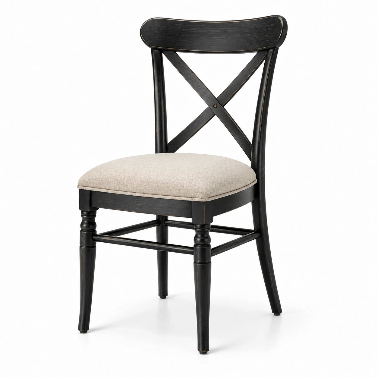 Sedia rustica in legno nero con seduta imbottita beige e schienale a croce, 49 × 55 × 91 cm