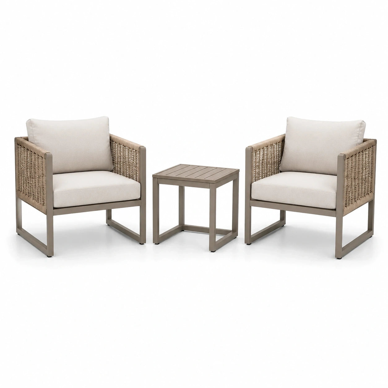 Set moderno da esterno 3 pezzi con 2 poltrone da 72 x 75 x 78 cm e tavolino da 50 x 50 x 50 cm, beige, tortora e bianco crema