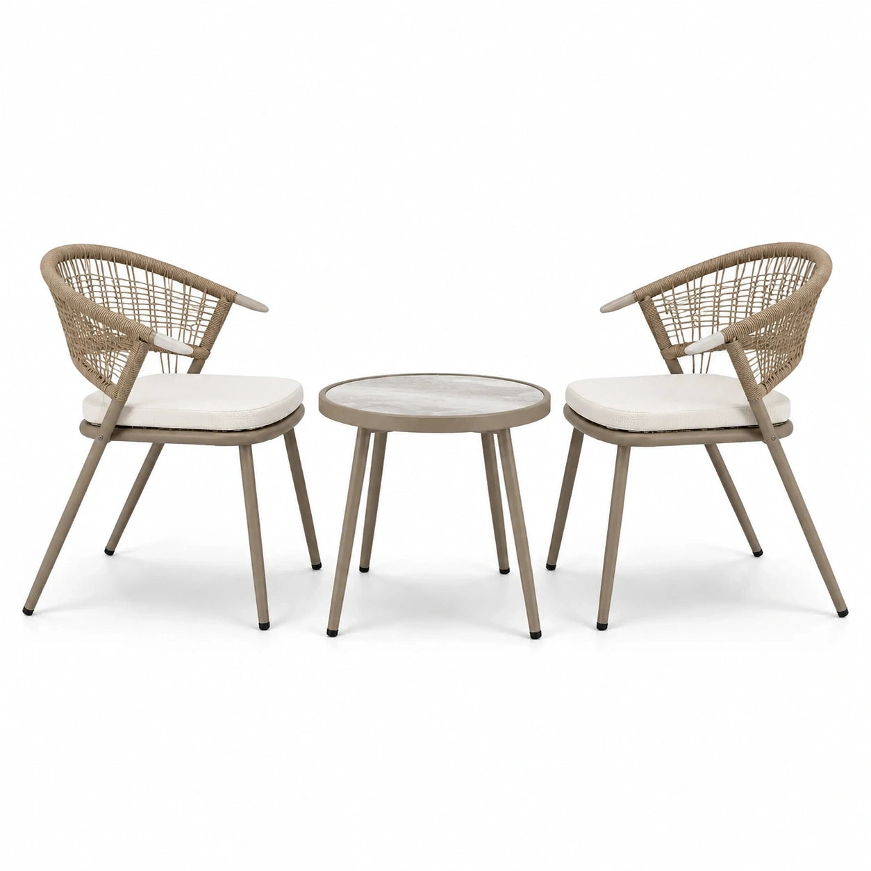 Set da giardino 3 pezzi con 2 poltroncine 58 x 60 x 80 cm e tavolino Ø 50 x 45 cm, Tortora, Beige e Bianco