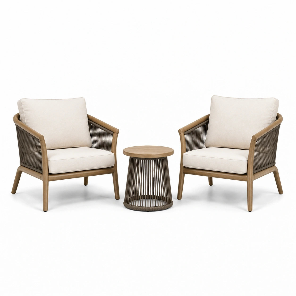 Set da giardino beige, marrone e tortora, 2 poltrone 72 x 76 x 82 cm e tavolino Ø 50 x 48 cm