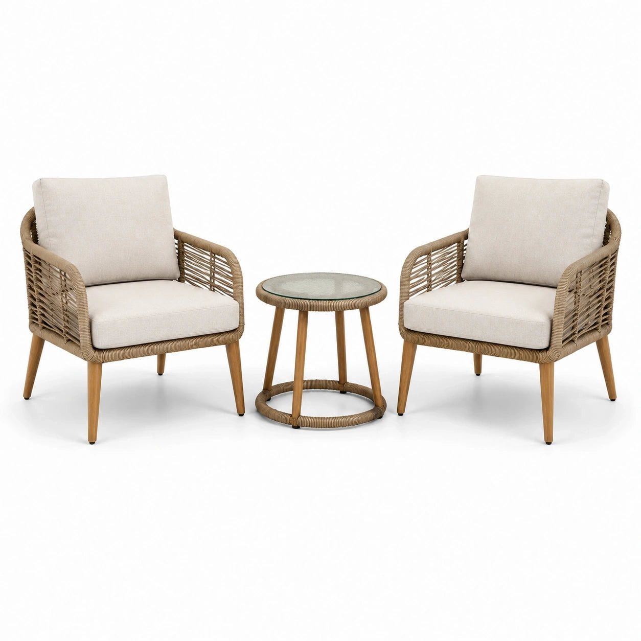 Set da giardino 3 pezzi beige e marrone chiaro, 2 poltrone 72 × 76 × 82 cm e tavolino Ø 50 × 50 cm