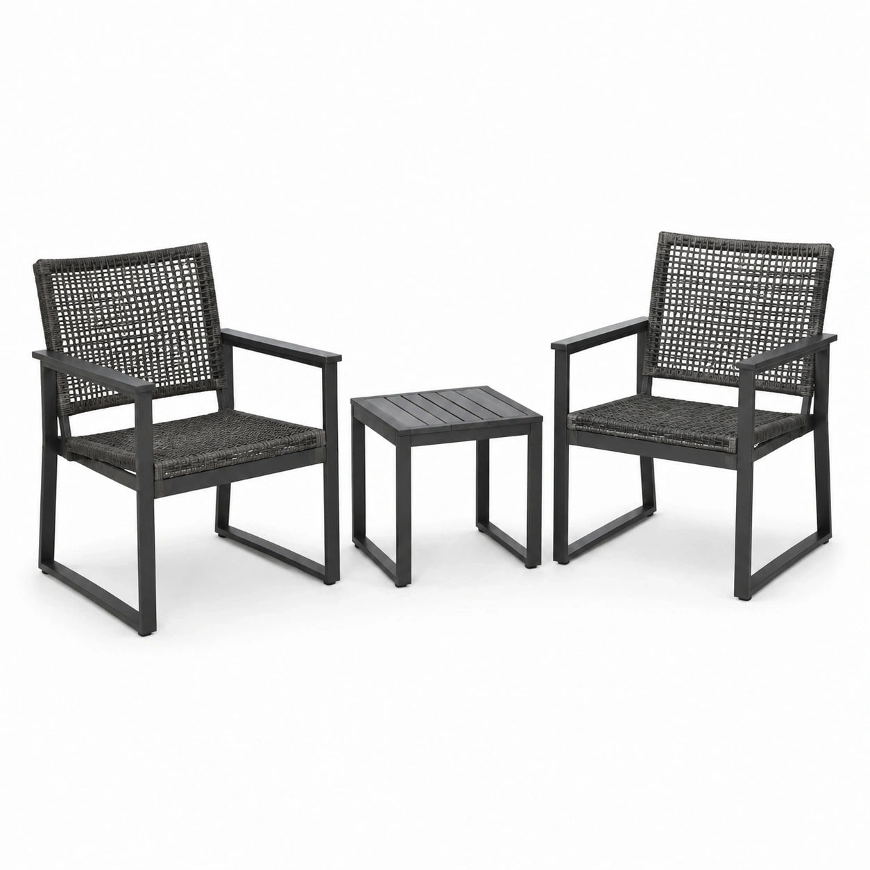 Set da esterno nero a 3 pezzi con 2 poltroncine da 58 × 60 × 84 cm e tavolino da 45 × 45 × 45 cm