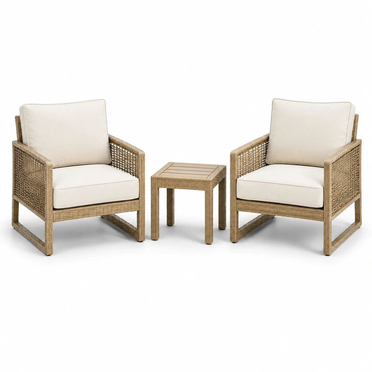 Set da giardino in rattan sintetico beige e crema, 3 pezzi, 2 poltrone 67 × 73 × 82 cm e tavolino 45 × 45 × 45 cm