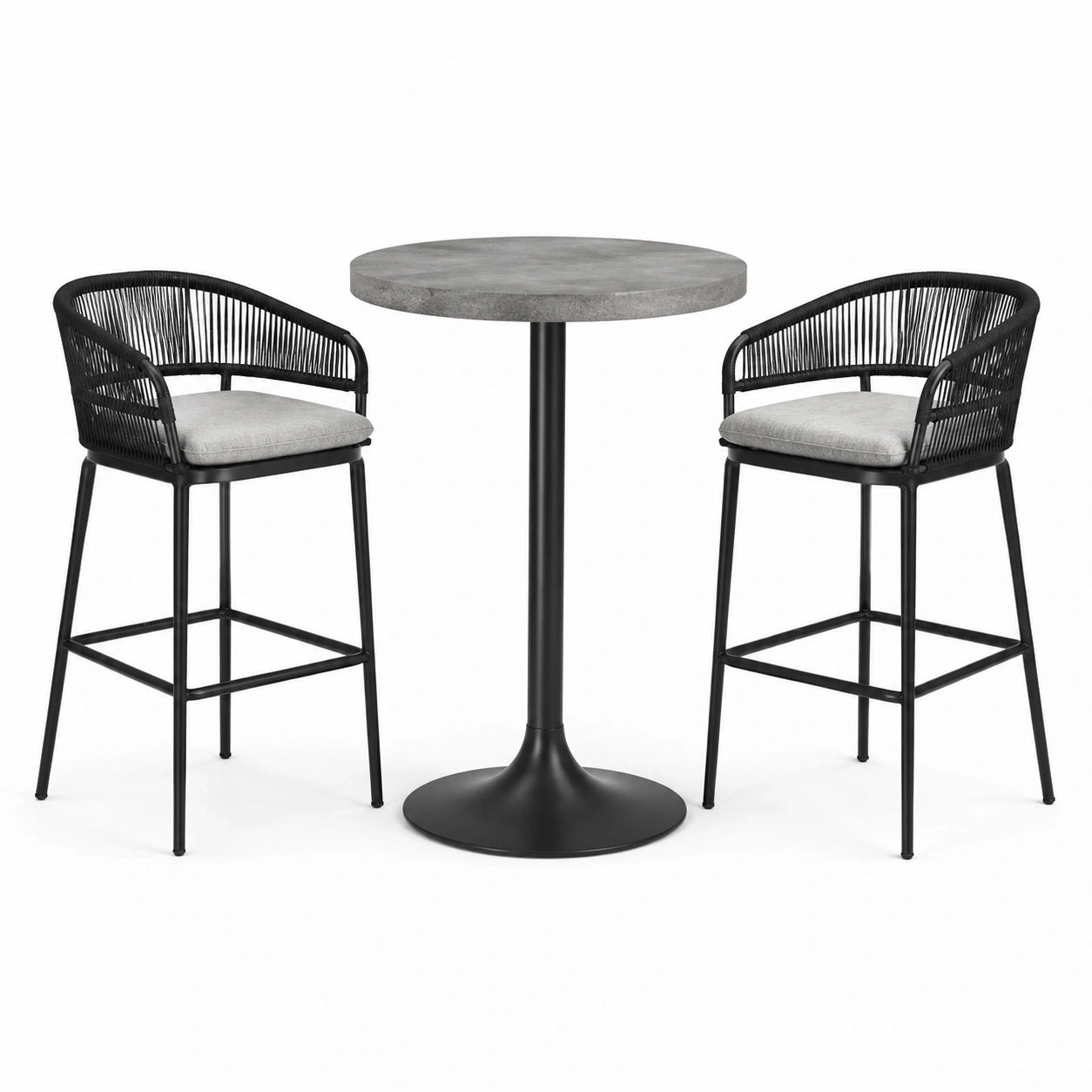 Set da bar nero e grigio con tavolo rotondo Ø 80 × 105 cm e 2 sedie alte 58 × 57 × 101 cm