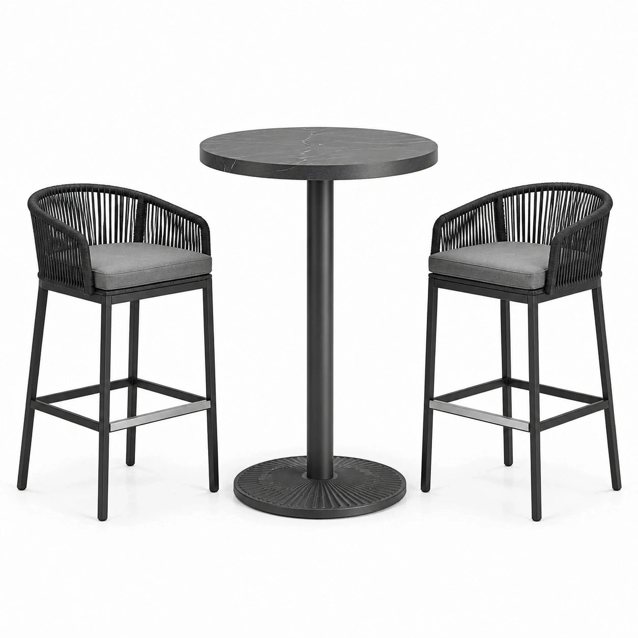Set da bar 3 pezzi nero e grigio con tavolo rotondo Ø 70 × 105 cm e 2 sgabelli 56 × 58 × 102 cm