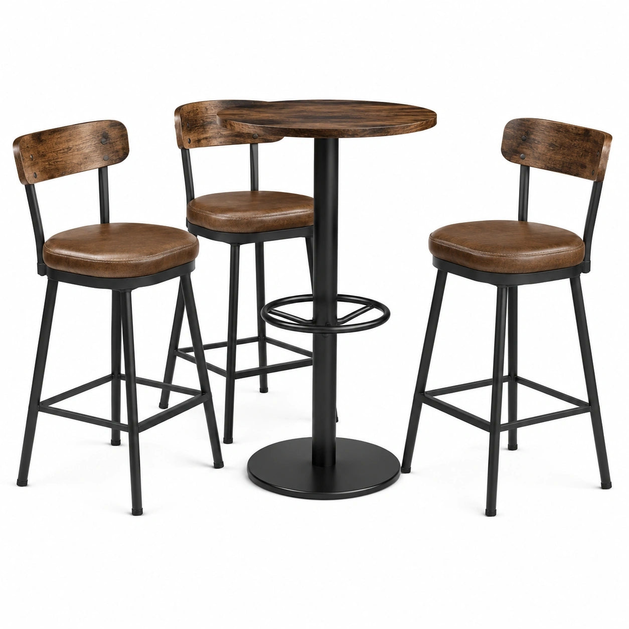 Set con tavolo alto rotondo Ø 70 × 90 cm e 3 sgabelli 46 × 48 × 96 cm, marrone e nero, stile industriale