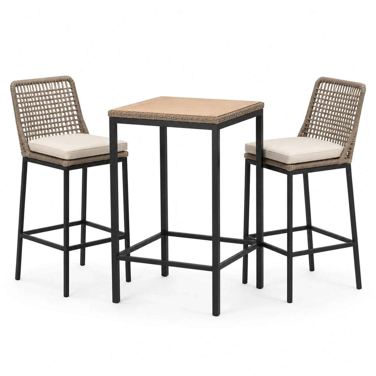 Set da bar da esterno 3 pezzi beige e nero con tavolo 70 × 70 × 105 cm e 2 sgabelli 50 × 55 × 110 cm