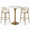 Tavolo alto rotondo Ø 90 × H 105 cm con 2 sgabelli imbottiti 55 × 55 × 95 cm, bianco e oro