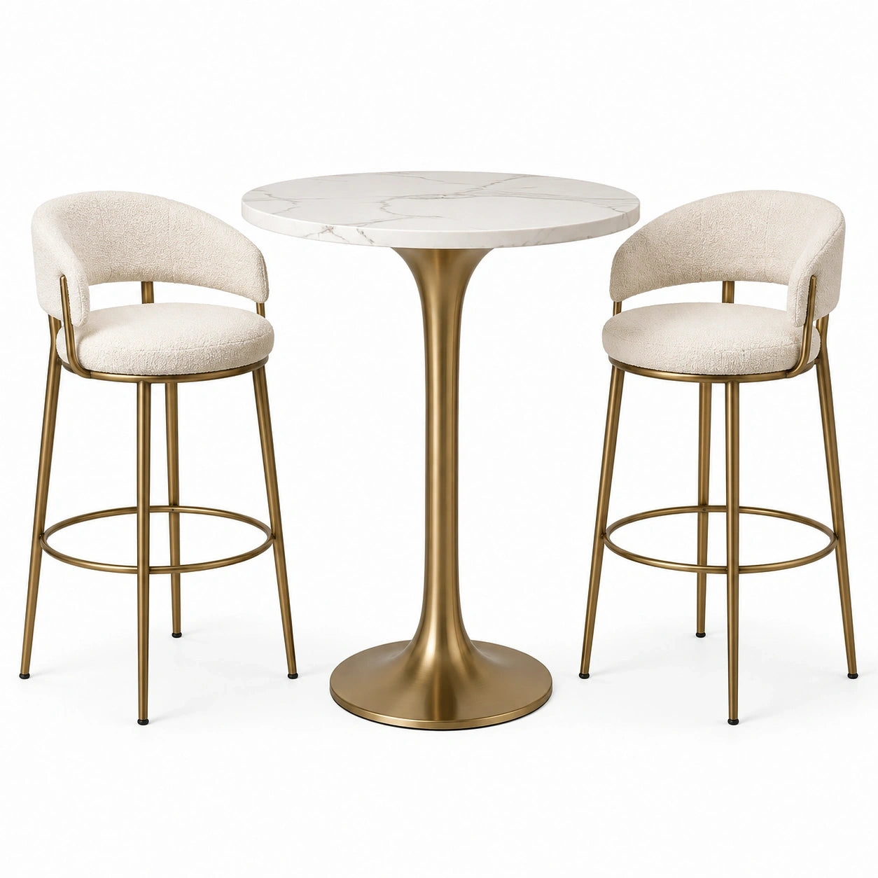 Tavolo alto rotondo Ø 90 × H 105 cm con 2 sgabelli imbottiti 55 × 55 × 95 cm, bianco e oro