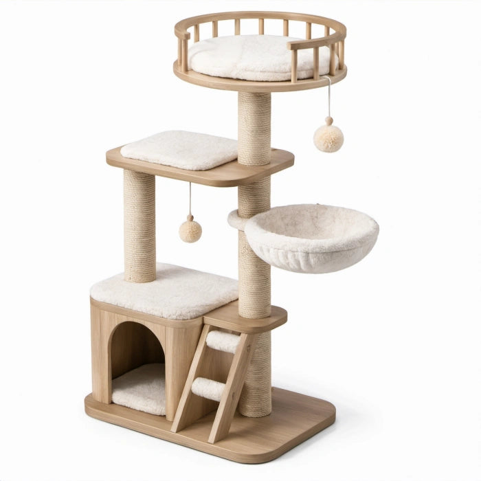 Tiragraffi multilivello per gatti 60 × 48 × 150 cm beige e crema con cuccia, amaca, lettino e piattaforme