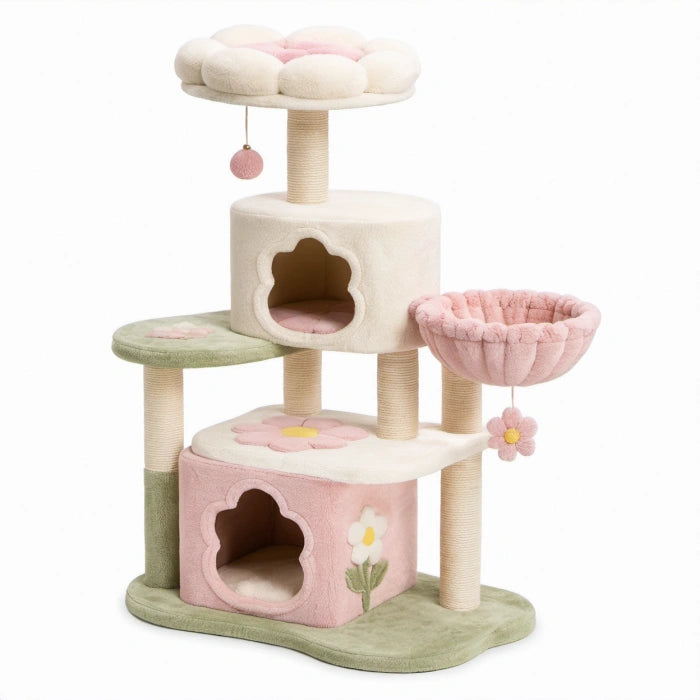 Tiragraffi multipiano 95 × 55 × 135 cm in tessuto morbido e sisal, avorio, rosa e verde, con cucce e piattaforme floreali