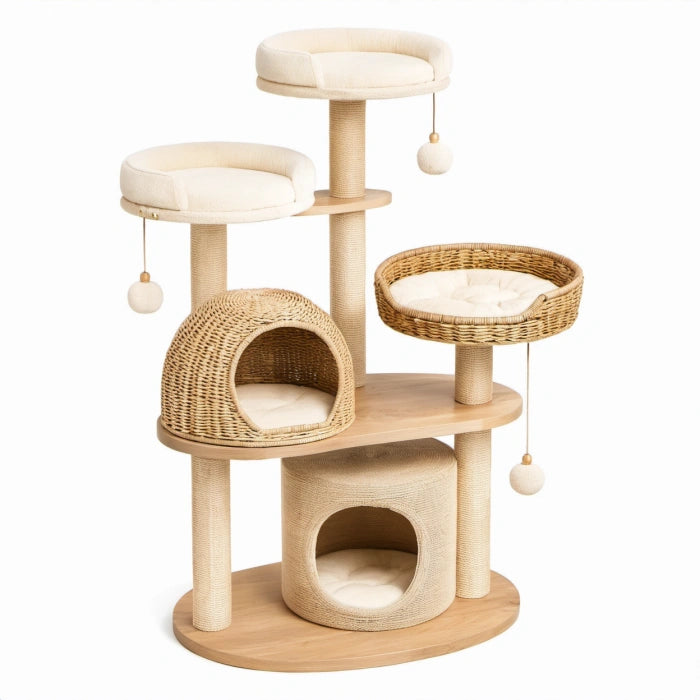 Tiragraffi multilivello 115 x 60 x 165 cm in sisal beige e naturale con cucce, piattaforme e giochi