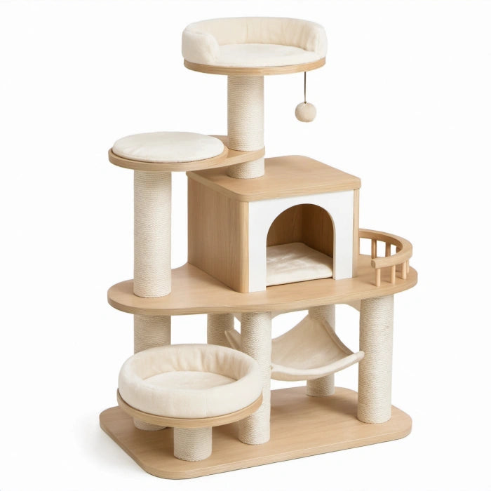 Tiragraffi multilivello per gatti in legno e sisal con cuccia, amaca e piattaforme, 120 × 60 × 155 cm