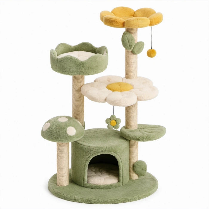 Tiragraffi multipiano per gatti 60 × 50 × 135 cm con cuccia e piattaforme floreali, verde, giallo, crema e beige
