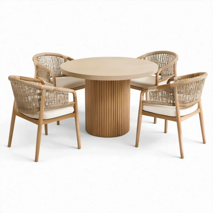 Set da pranzo in legno naturale e corda intrecciata, tavolo rotondo Ø 120 × 75 cm e 4 sedie 58 × 62 × 80 cm
