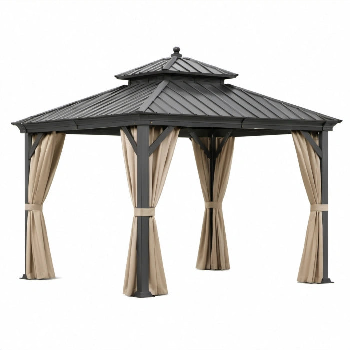 Gazebo da giardino in metallo antracite con tetto rigido e tende beige, 400 × 300 × 280 cm