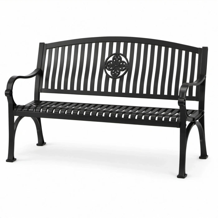Panca da giardino in metallo nero a 2 posti con braccioli, 127 × 60 × 85 cm, stile classico