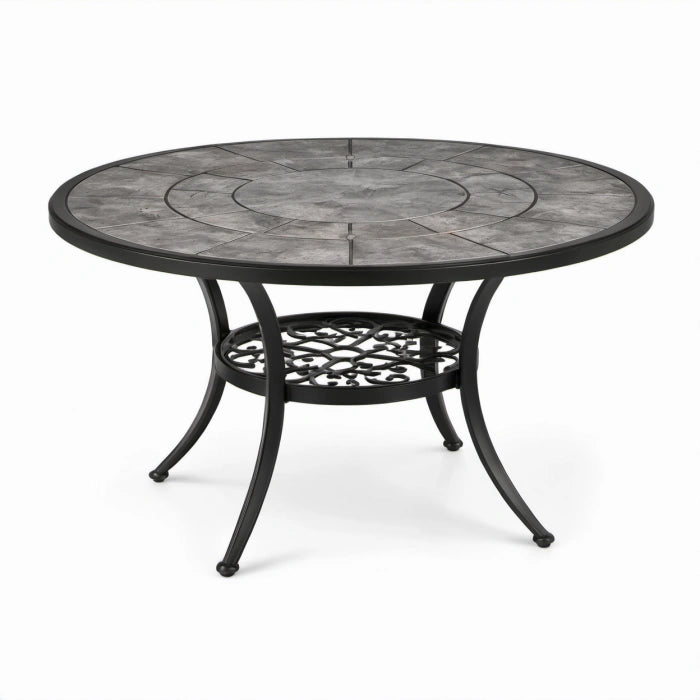 Tavolo rotondo da esterno in metallo nero con piano grigio effetto pietra, 122 × 74 cm