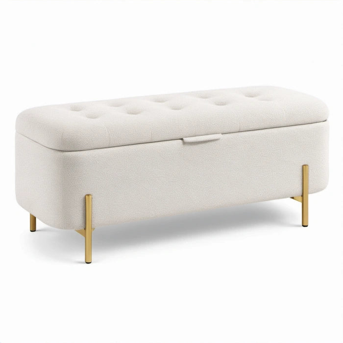 Panca contenitore in bouclé bianco con seduta trapuntata e gambe color oro, 120 × 45 × 46 cm