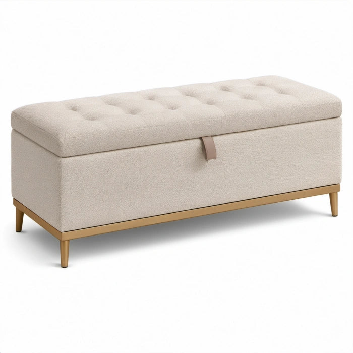 Panca contenitore beige in tessuto effetto bouclé con seduta trapuntata e base dorata, 120 × 45 × 48 cm