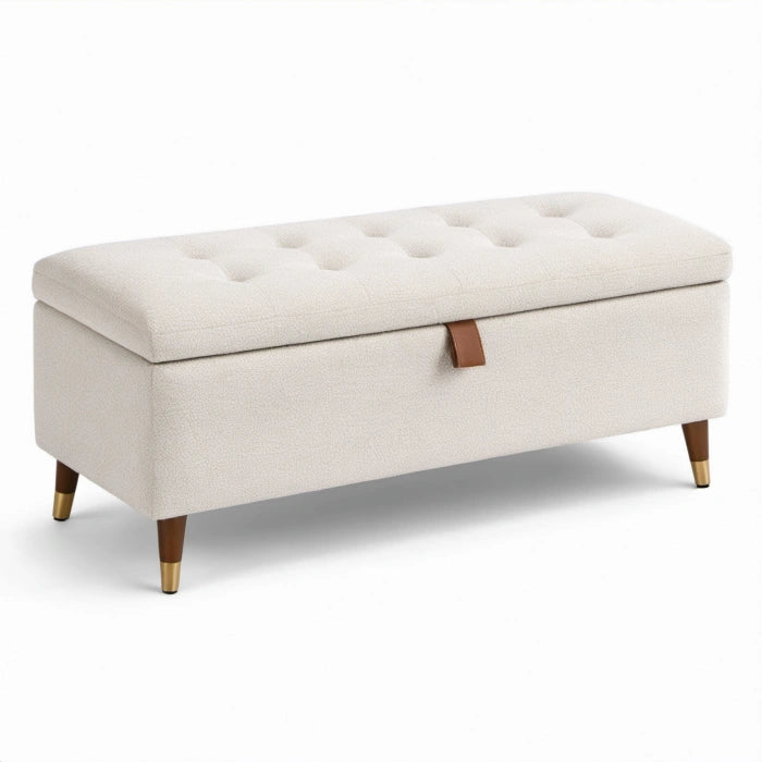 Panca contenitore in tessuto bouclé crema 110 × 40 × 45 cm con seduta capitonné