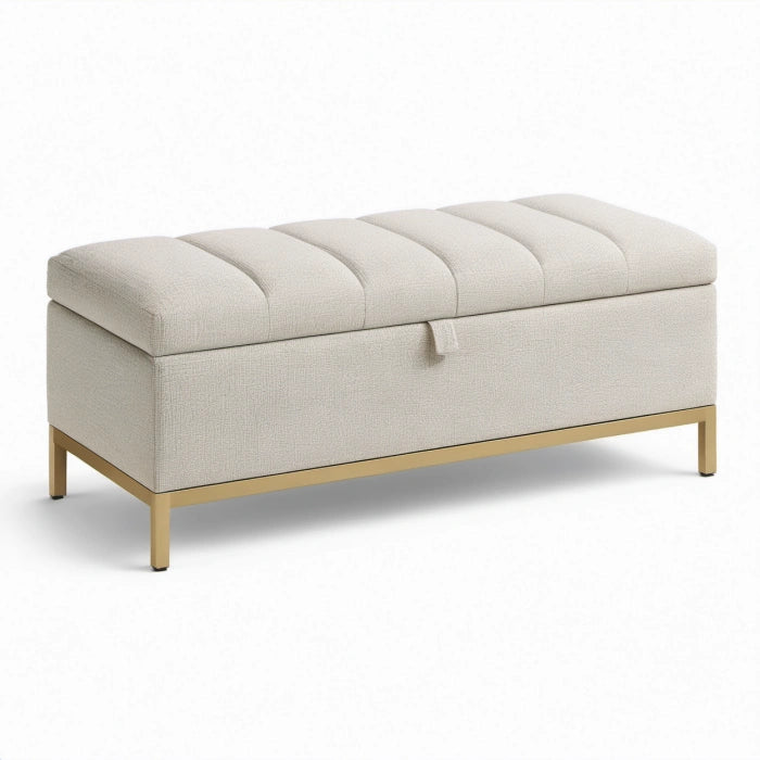Panca contenitore moderna in tessuto beige con base dorata, 110 × 40 × 45 cm