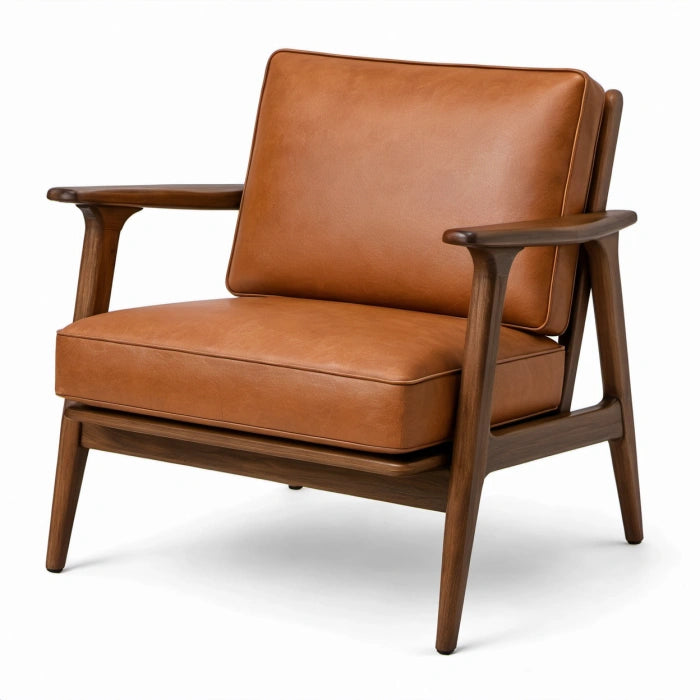 Poltrona con struttura in legno e rivestimento effetto pelle marrone cognac, 72 × 80 × 82 cm, stile retrò con braccioli