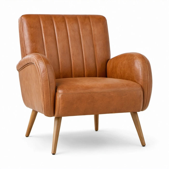 Poltrona rétro in similpelle marrone cognac con gambe in legno, 86 × 80 × 92 cm