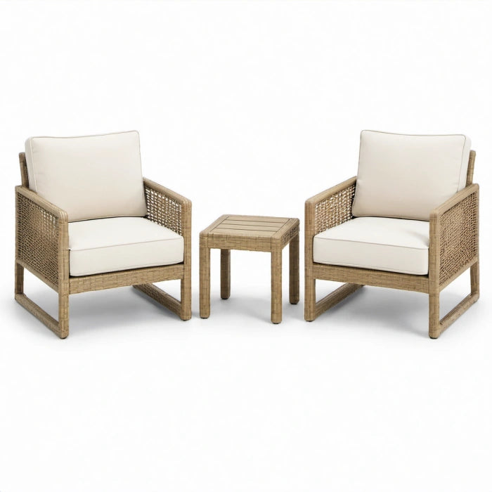 Set da giardino in rattan sintetico beige e crema, 3 pezzi, 2 poltrone 67 × 73 × 82 cm e tavolino 45 × 45 × 45 cm
