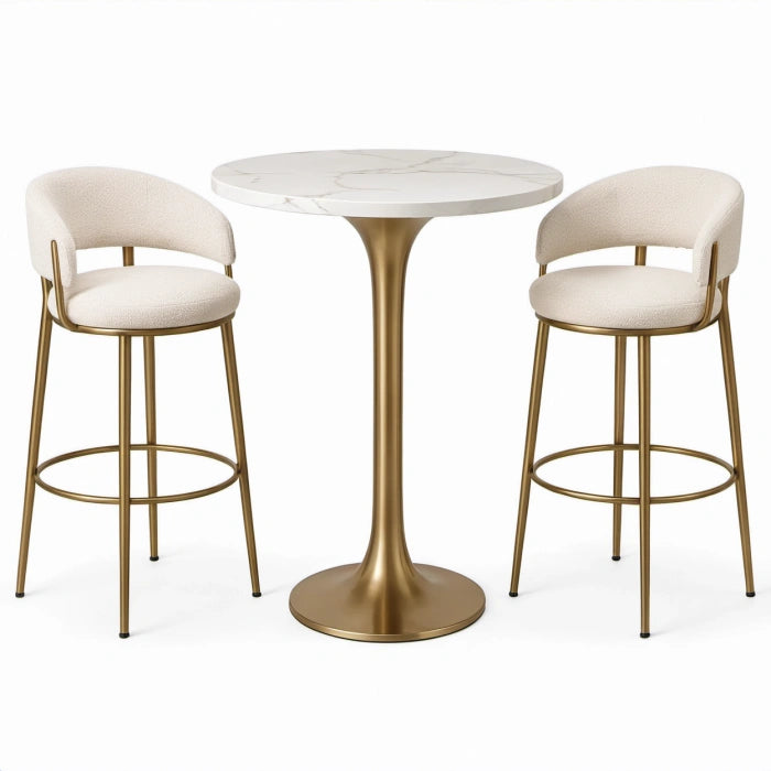 Tavolo alto rotondo Ø 90 × H 105 cm con 2 sgabelli imbottiti 55 × 55 × 95 cm, bianco e oro